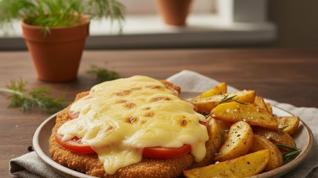 Cūkgaļas karbonāde franču gaumē ar krāsnī ceptām kartupeļu daiviņām attēls