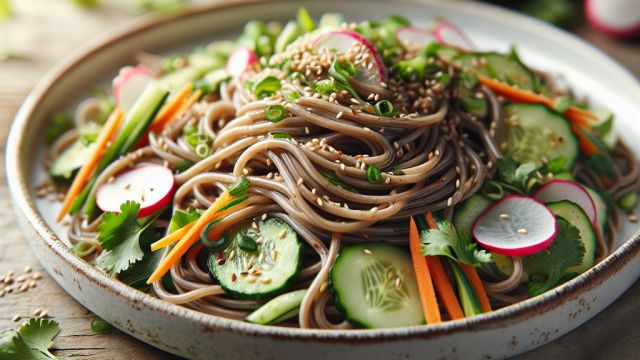 Soba nūdeļu salāti ar sezamu un ingveru attēls